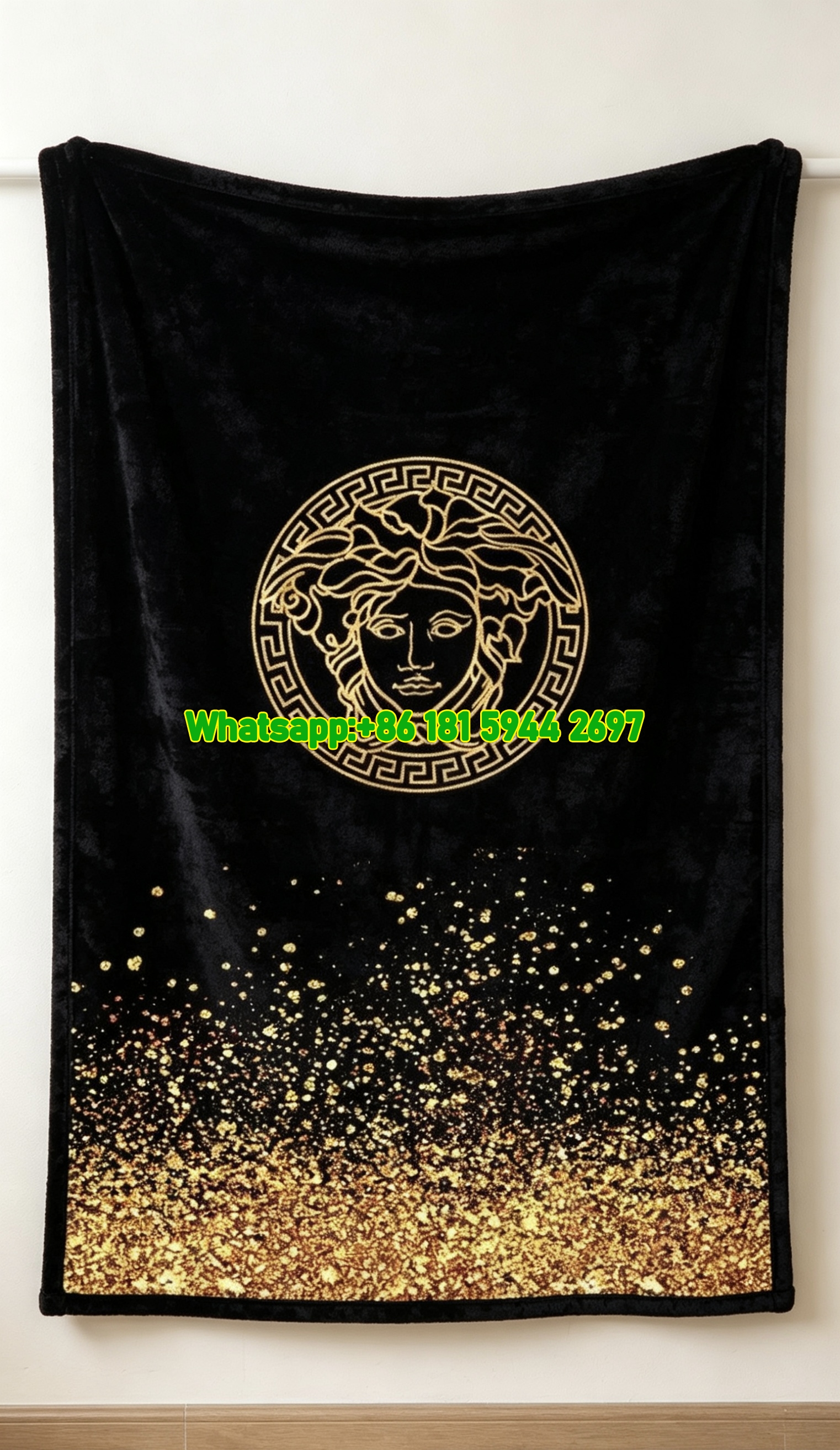 Black and Gold Versace Glitter Medusa Logo Fleece Throw Blanket IMG_1373